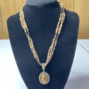 AVON 3 Strand Silvertone Wood Metallic Glass Beads Tigers Eye Pendant Necklace!